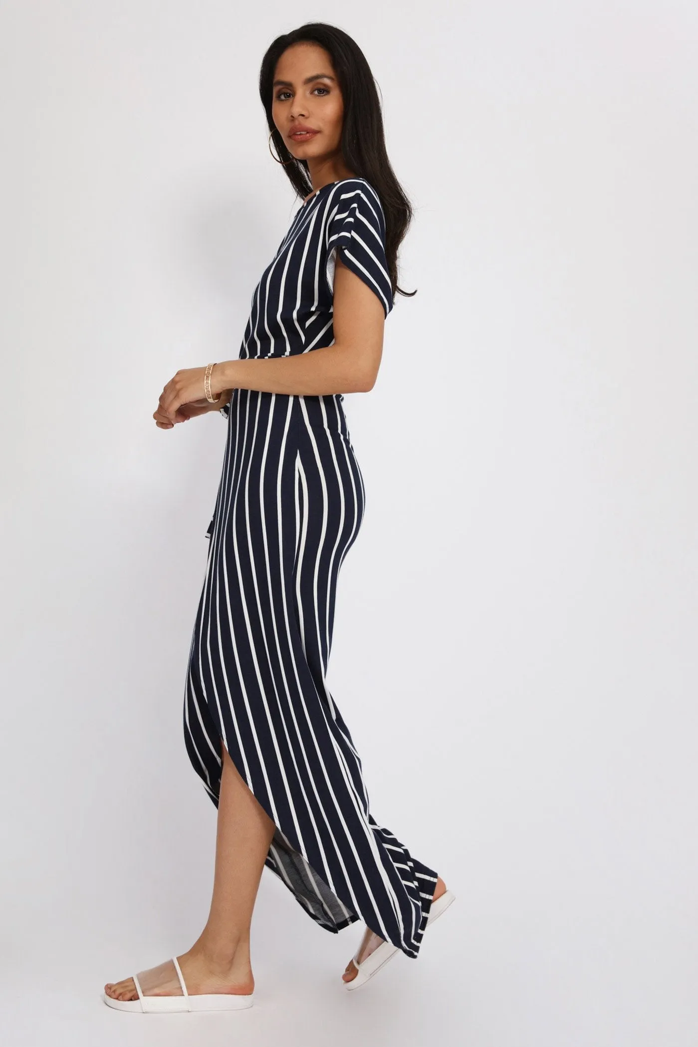 Navy Tie Wrap Loose Shoulder Maxi Dress
