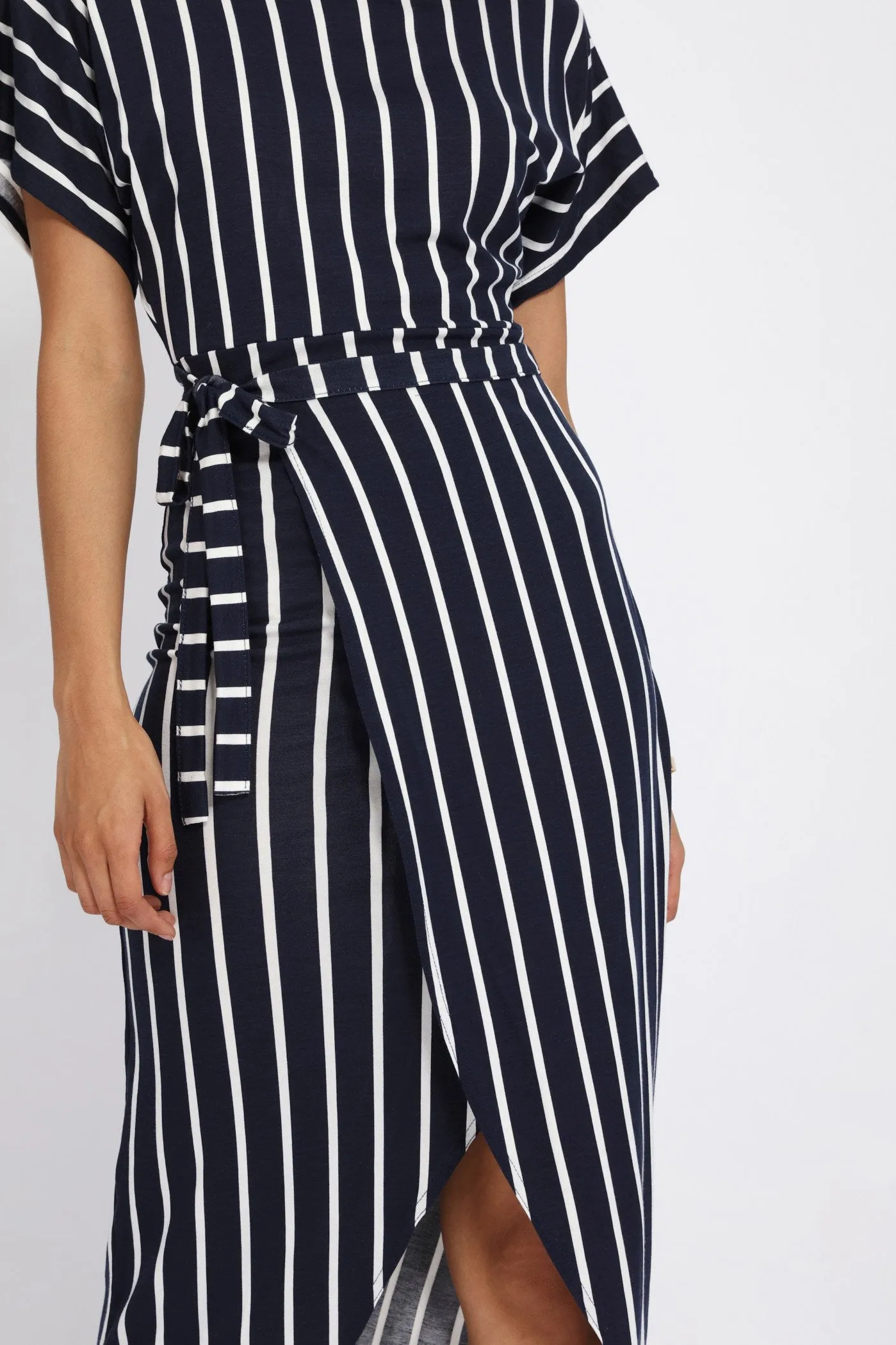 Navy Tie Wrap Loose Shoulder Maxi Dress