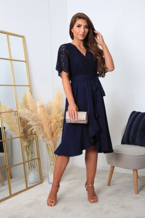 Navy Wrap Lace Dress With Frill Hem by Double Second