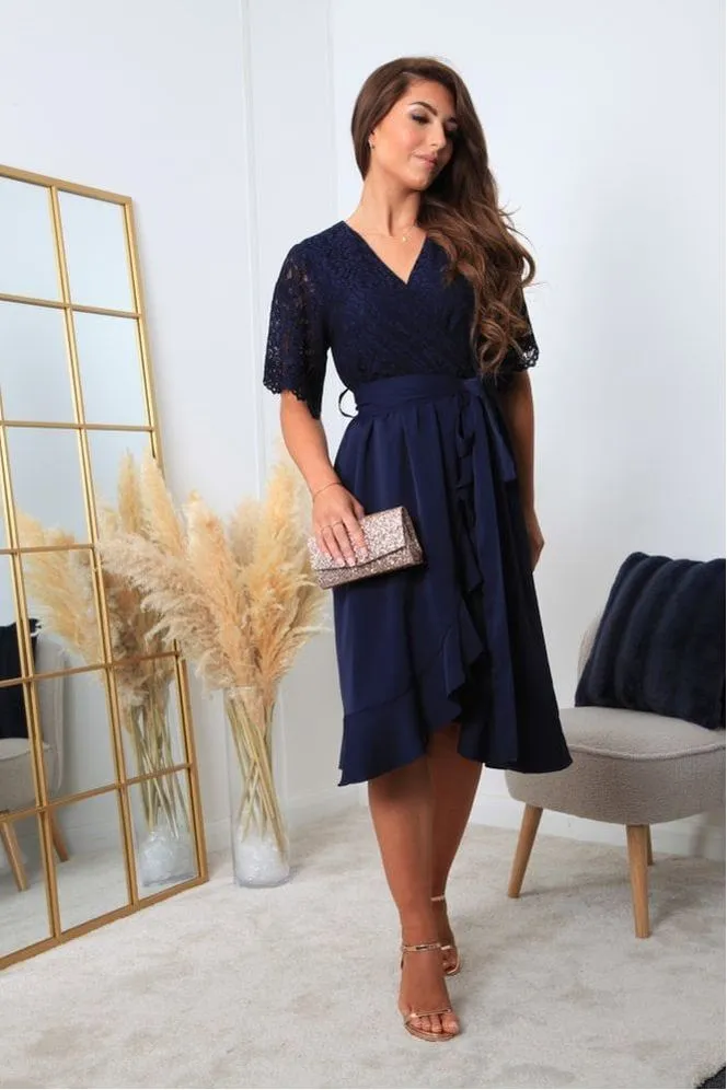 Navy Wrap Lace Dress With Frill Hem by Double Second