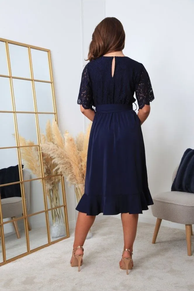 Navy Wrap Lace Dress With Frill Hem by Double Second
