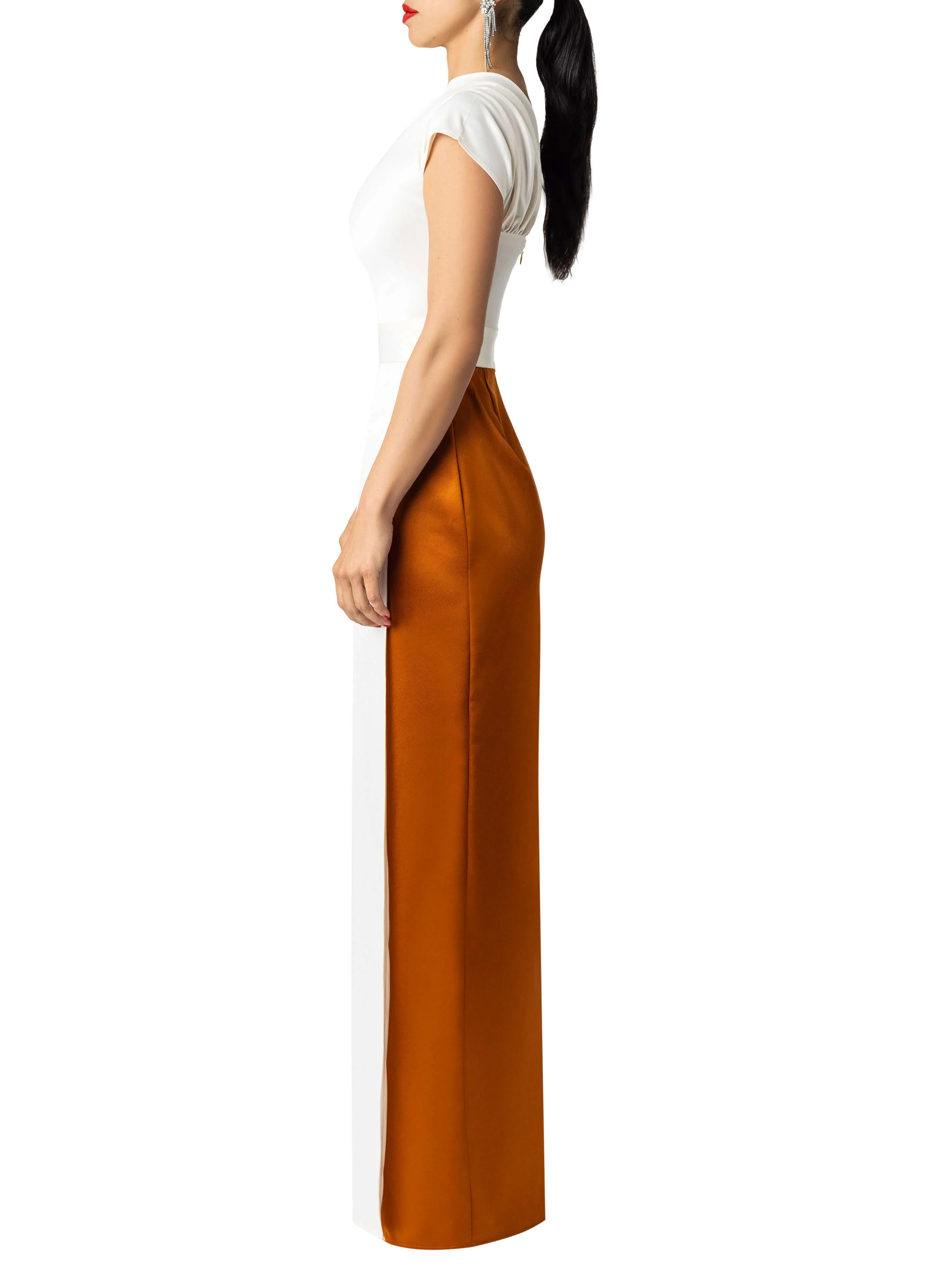 "Sade" Ivory/Cognac One Shoulder Dress
