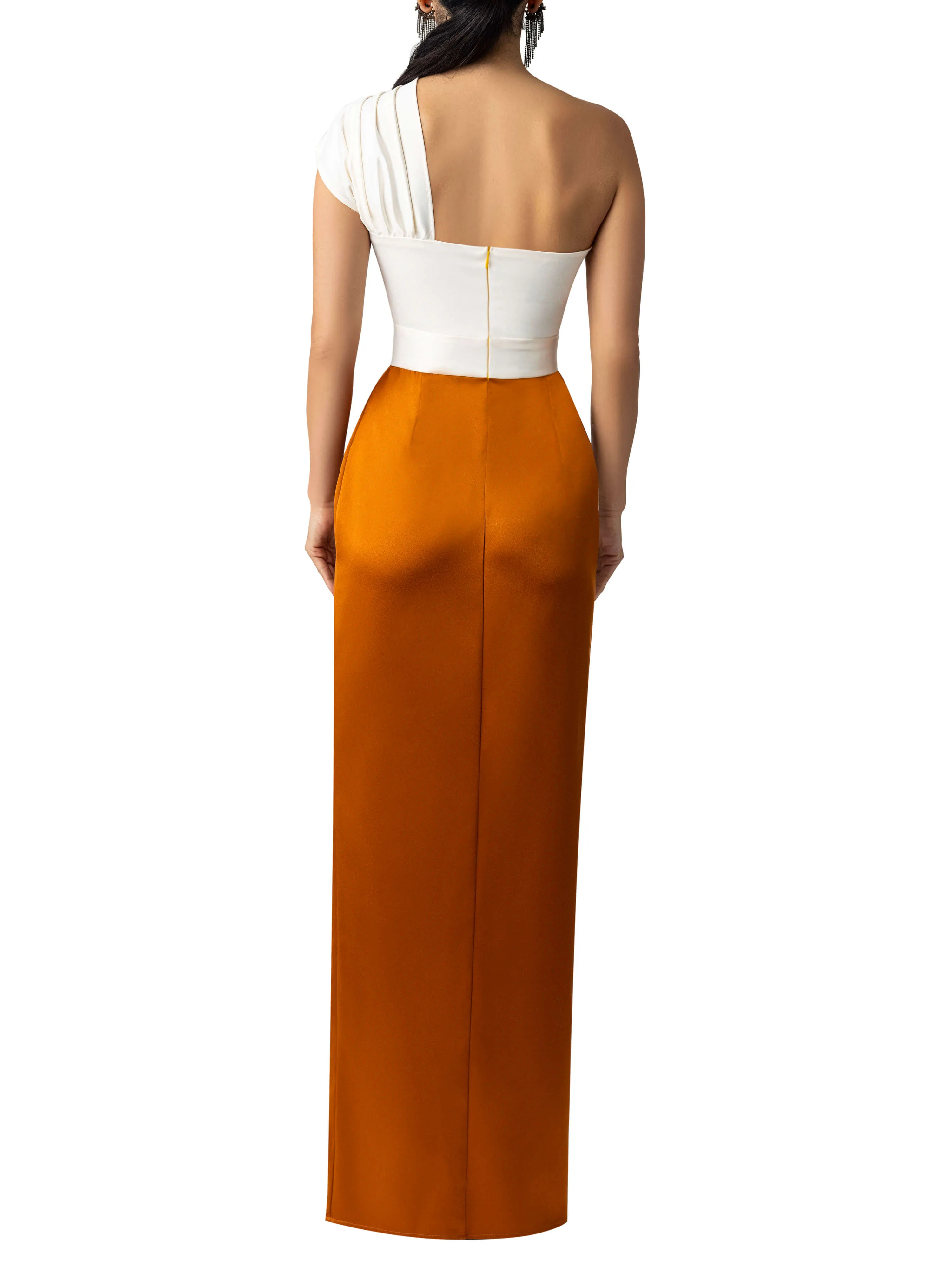 "Sade" Ivory/Cognac One Shoulder Dress