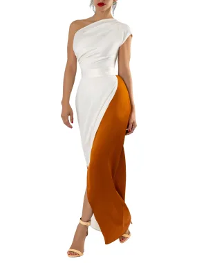 "Sade" Ivory/Cognac One Shoulder Dress