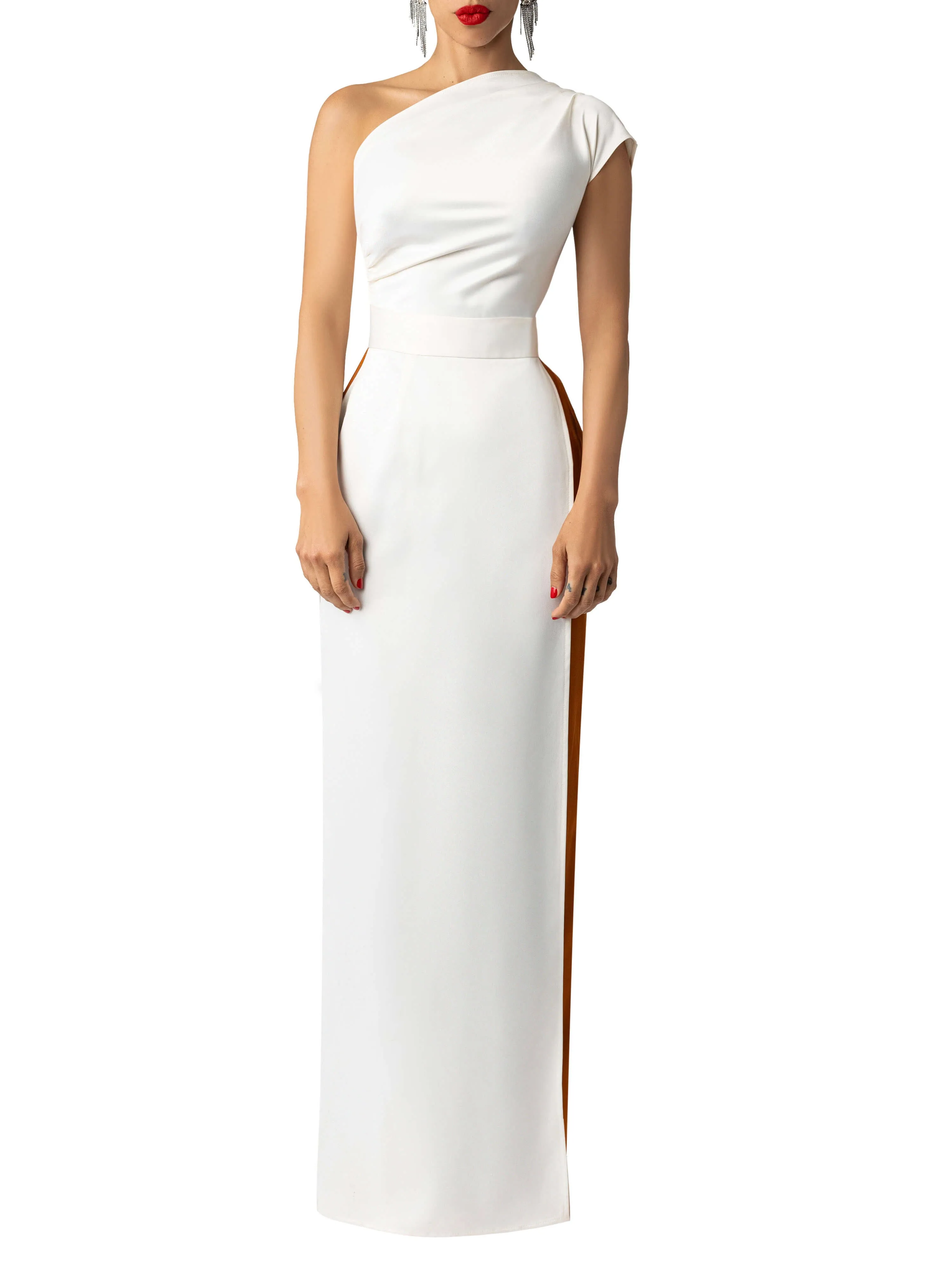 "Sade" Ivory/Cognac One Shoulder Dress