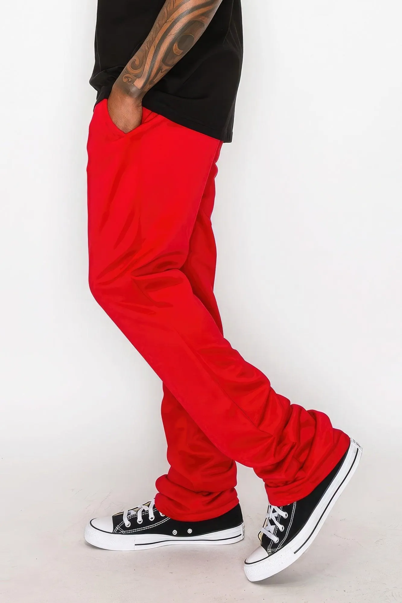 Red Solid Flare Stacked Track Pants