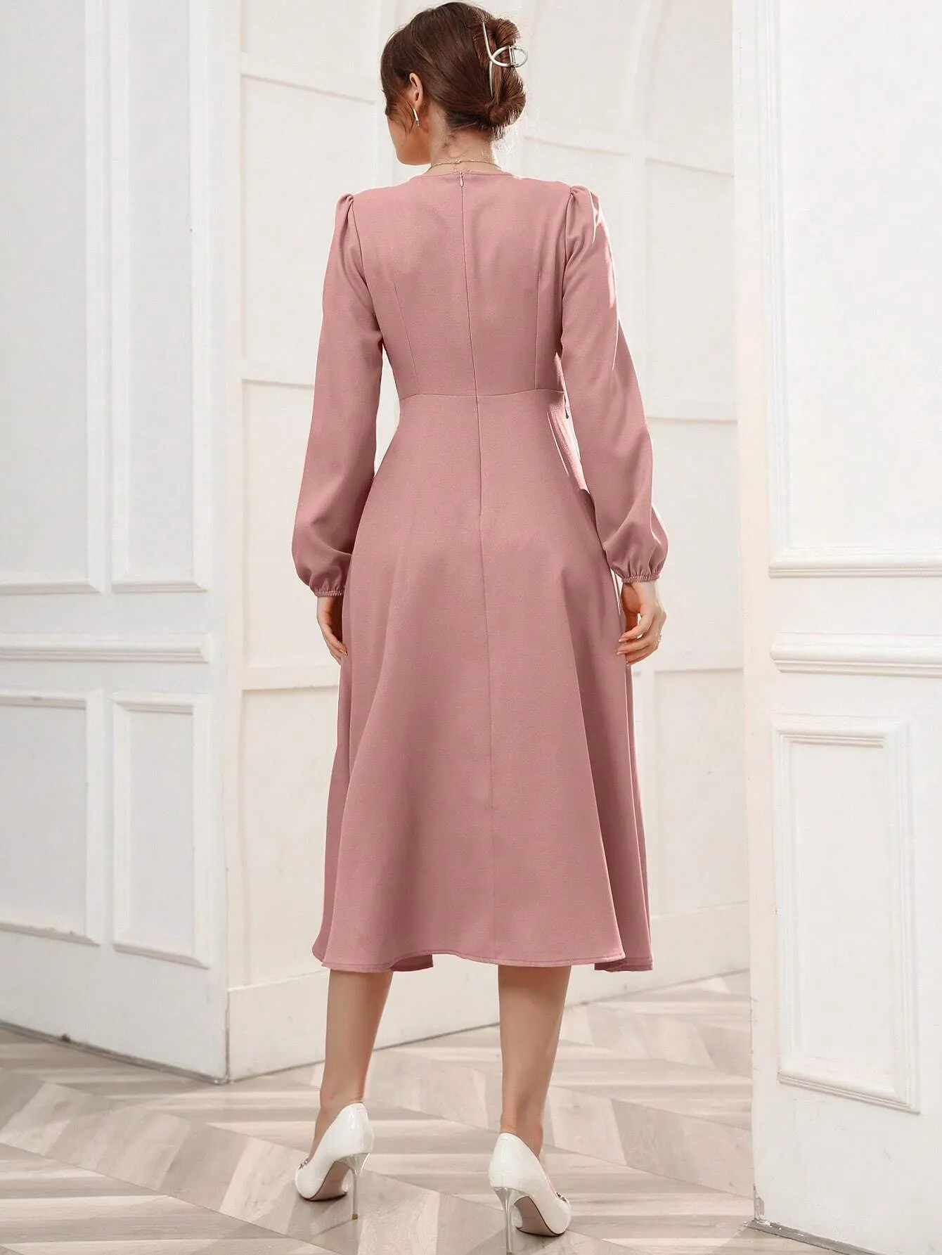 SHEIN Modely Solid Belted Wrap Detail A-line Dress
