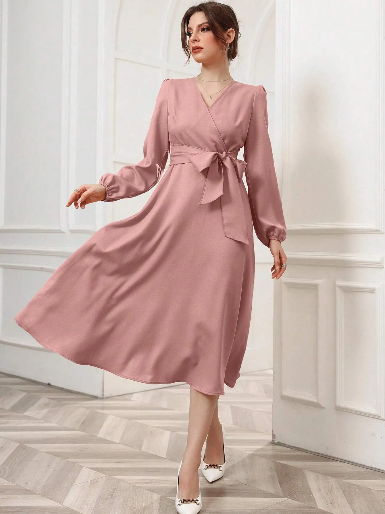 SHEIN Modely Solid Belted Wrap Detail A-line Dress