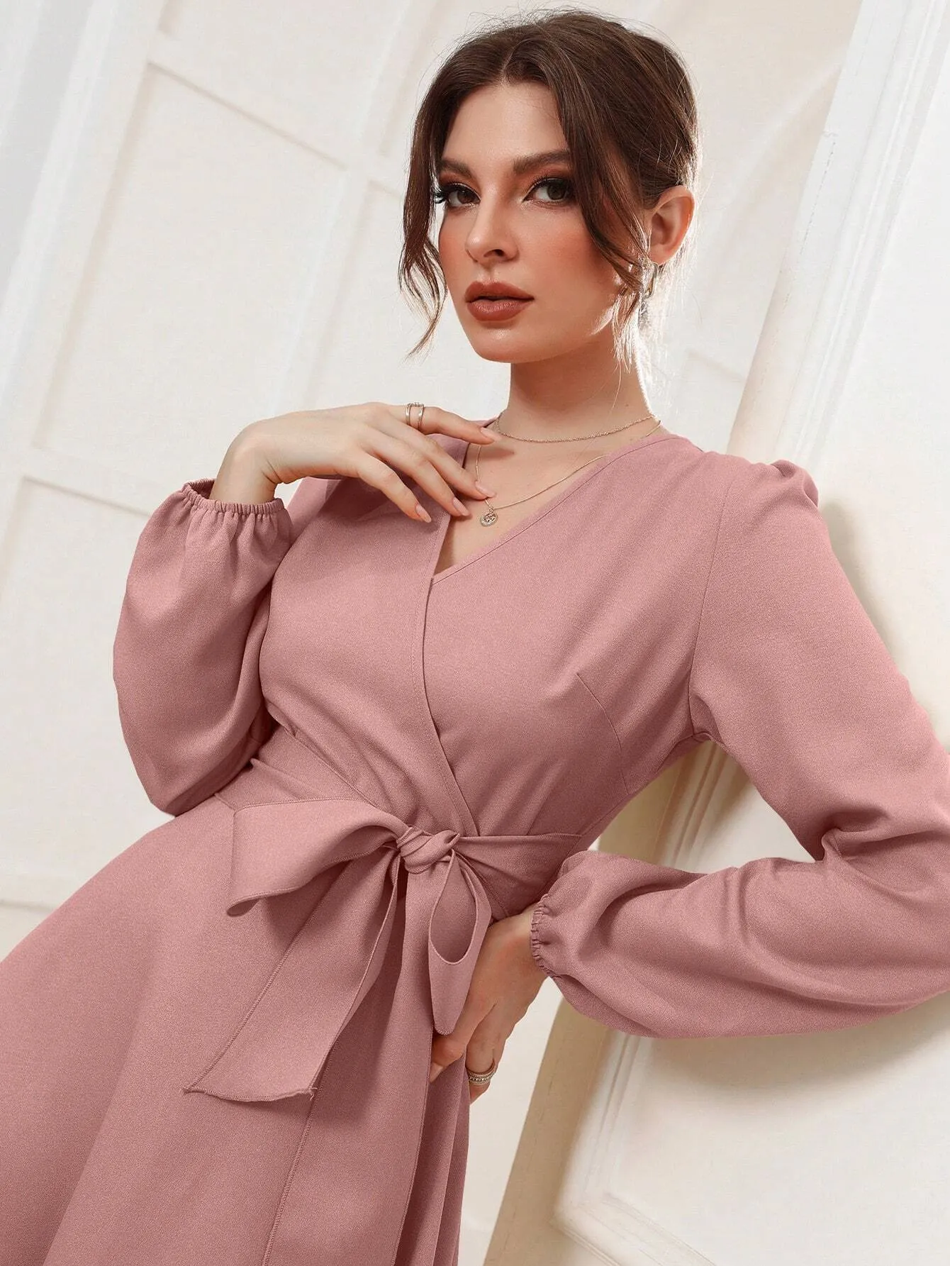 SHEIN Modely Solid Belted Wrap Detail A-line Dress