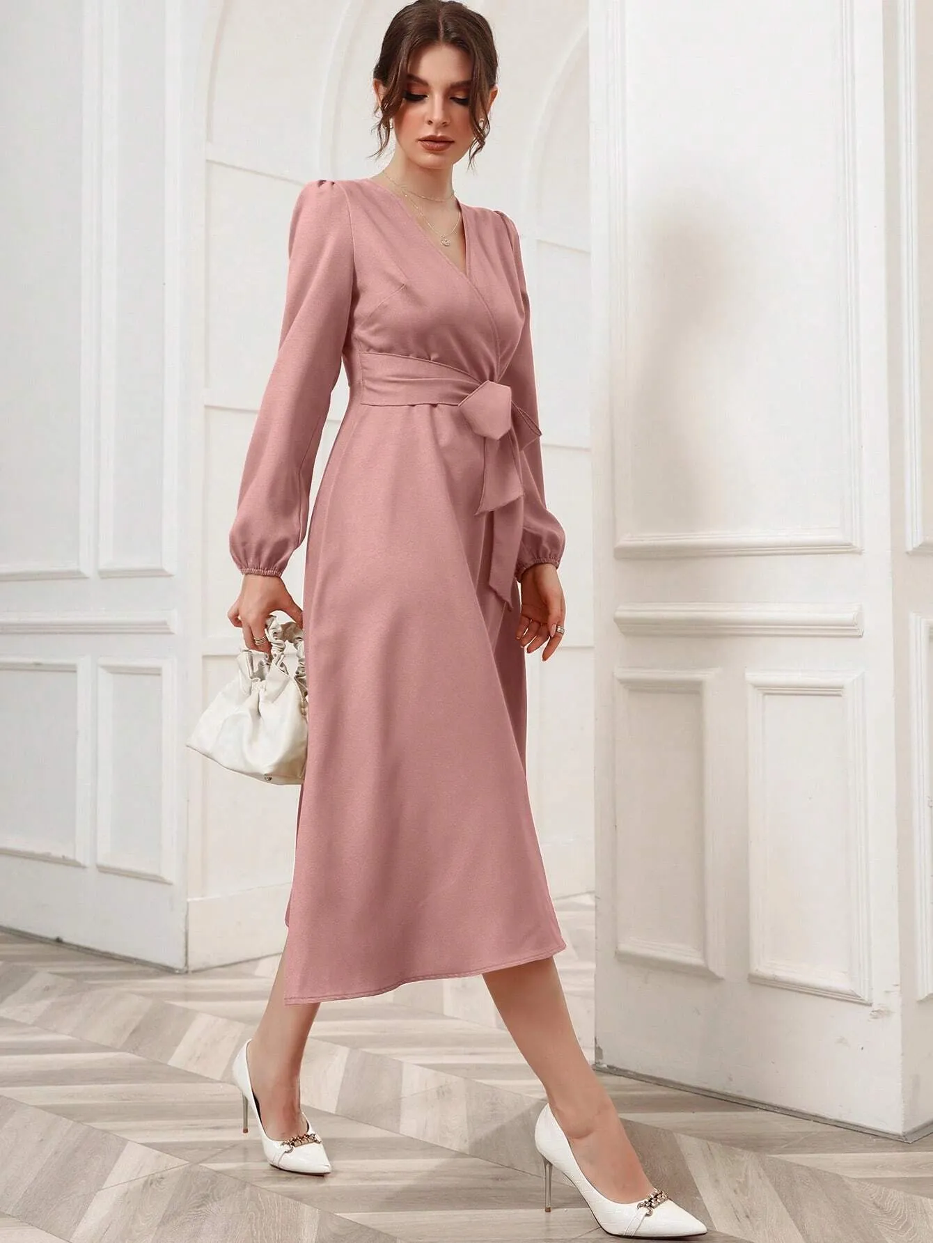 SHEIN Modely Solid Belted Wrap Detail A-line Dress