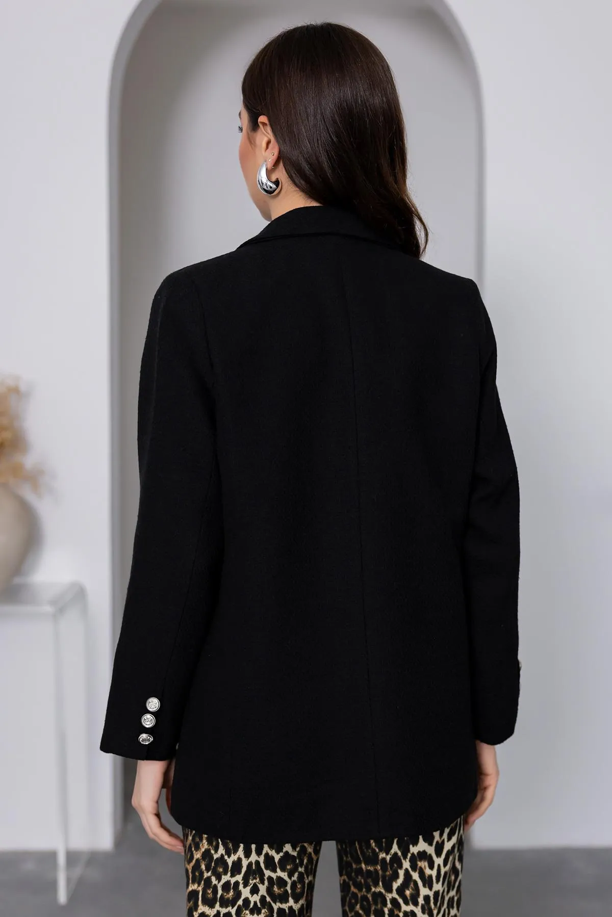 Silver Buttoned Tweed Jacket - BLACK