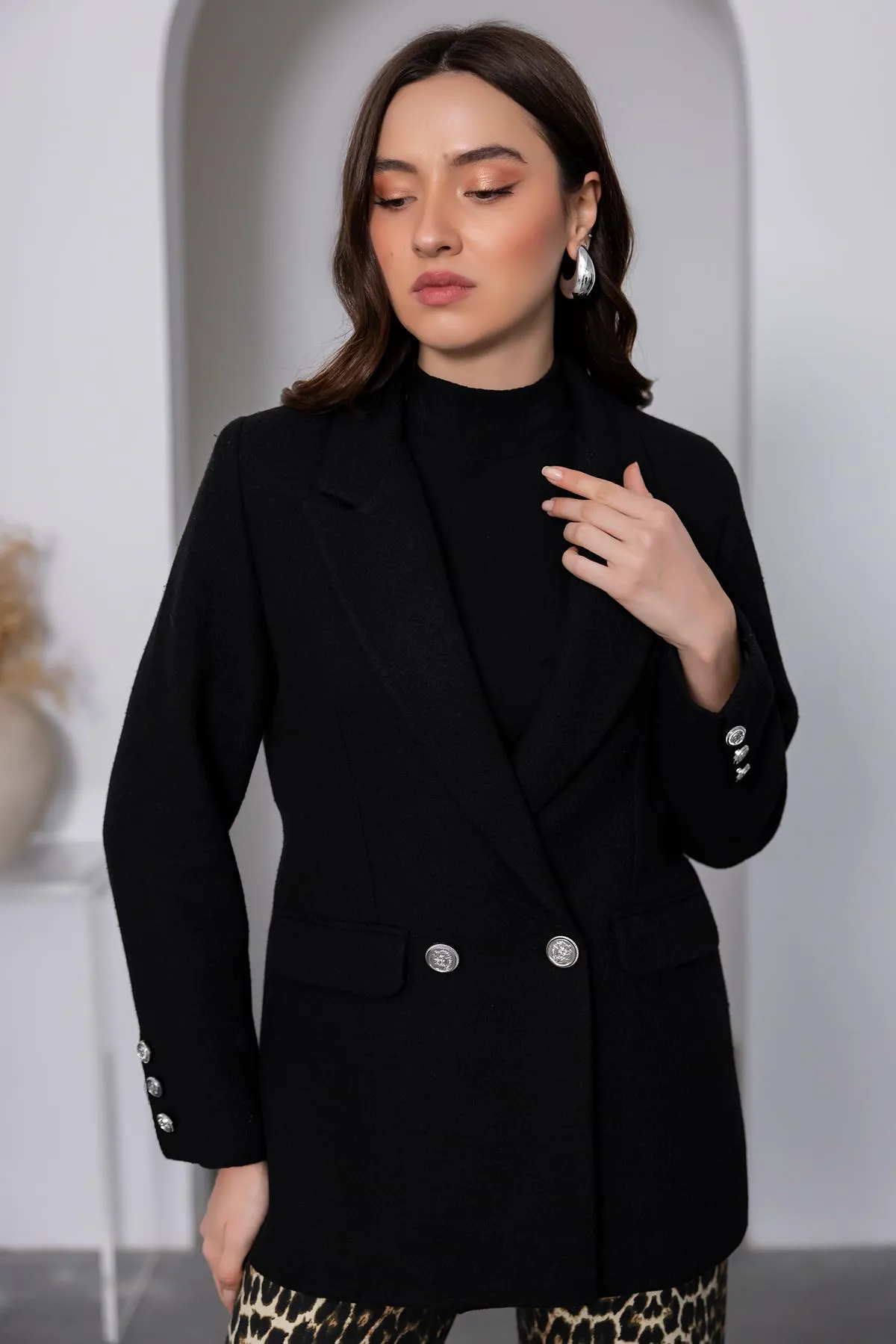 Silver Buttoned Tweed Jacket - BLACK