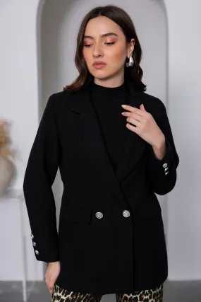 Silver Buttoned Tweed Jacket - BLACK