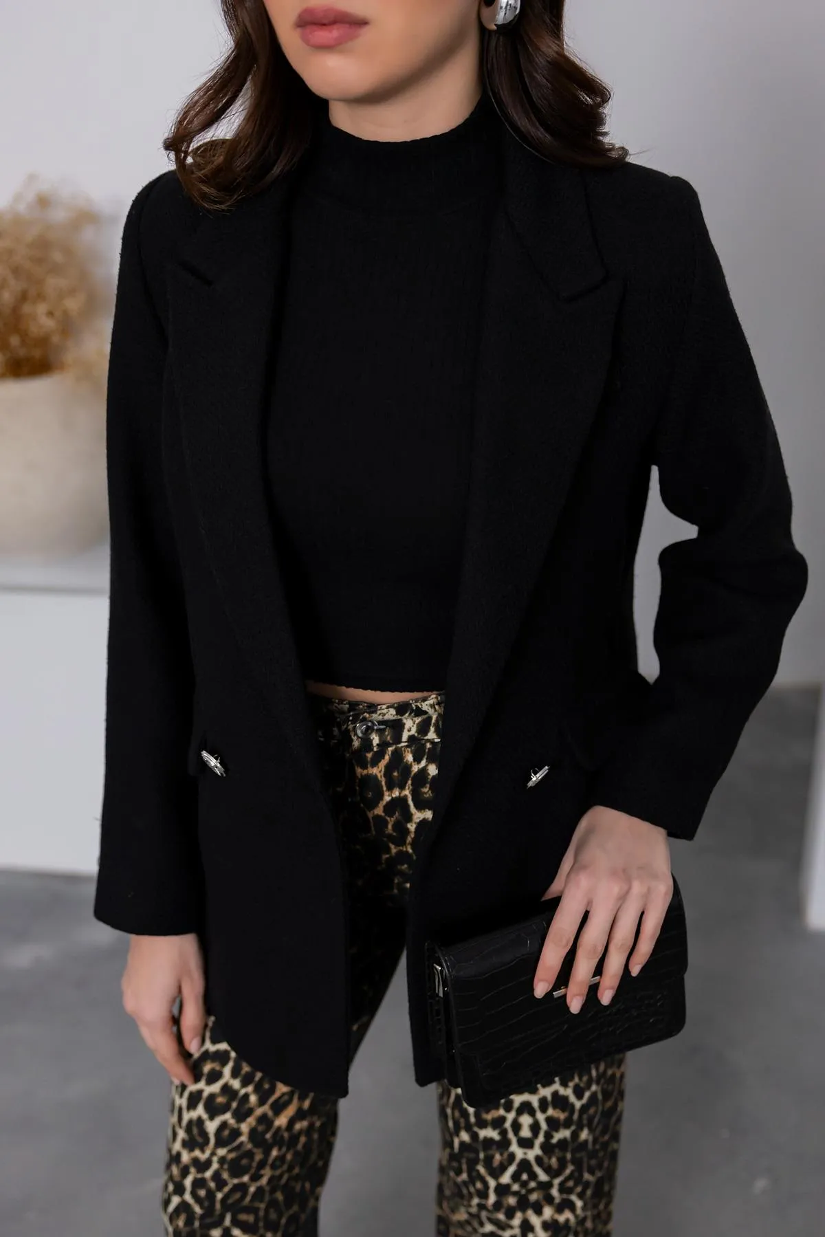 Silver Buttoned Tweed Jacket - BLACK