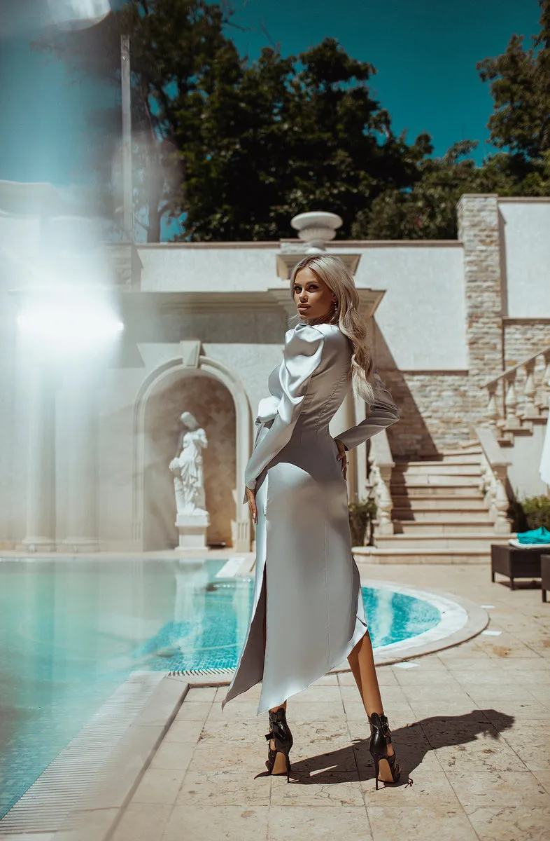 Silver Puff Sleeve Wrap Dress