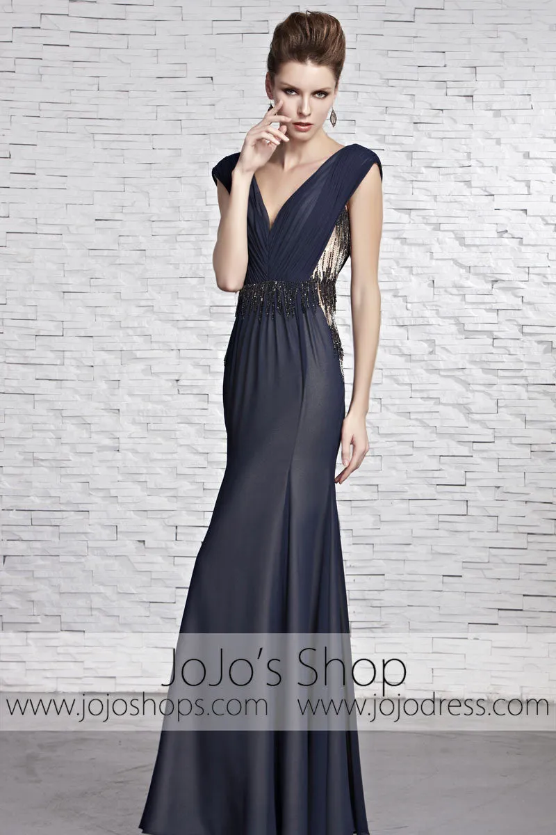 Sophisticated Navy Blue Dress Award Designer V Neck Evening Formal Dress CX881609