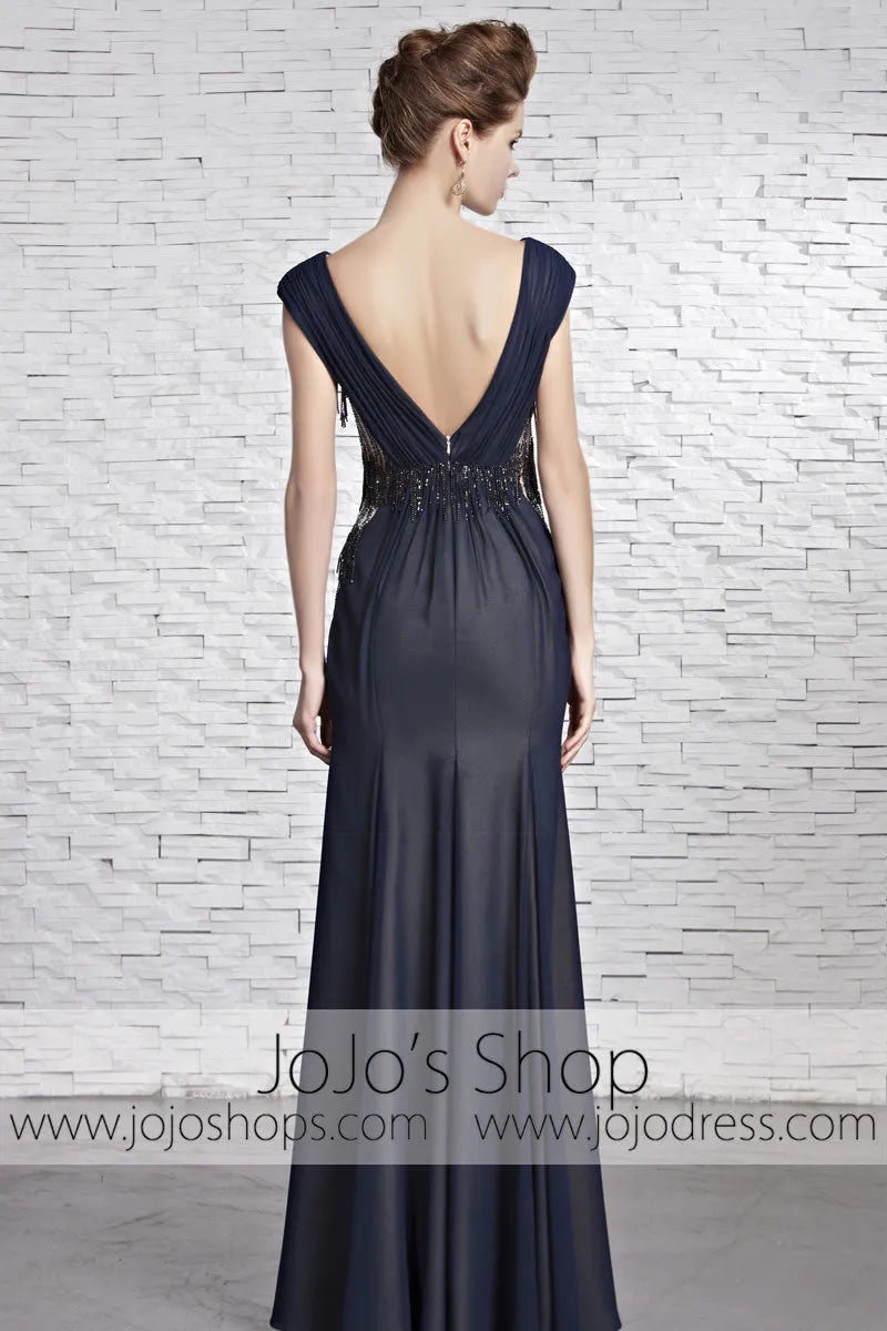 Sophisticated Navy Blue Dress Award Designer V Neck Evening Formal Dress CX881609
