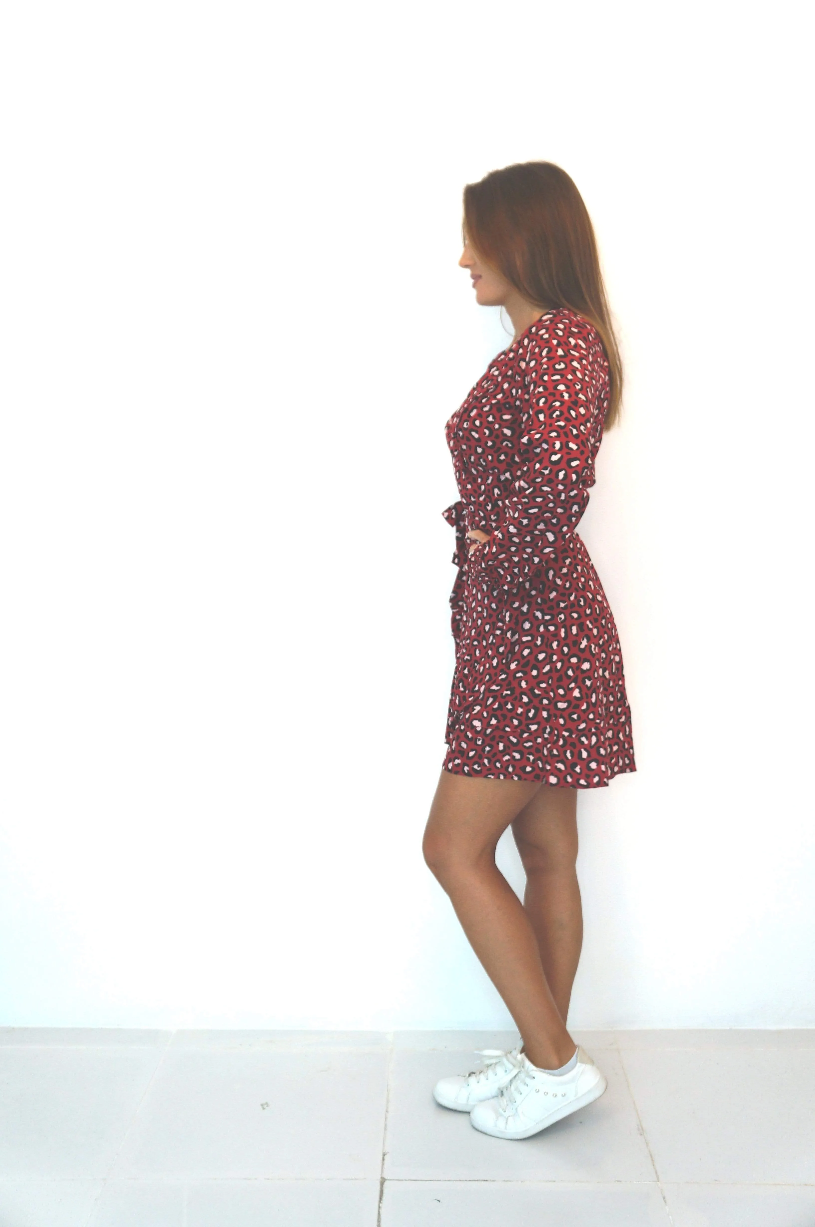 The Flirty Wrap Dress w/ Elastic Cuff Sleeves - Deep Raspberry Ice Pink Animal