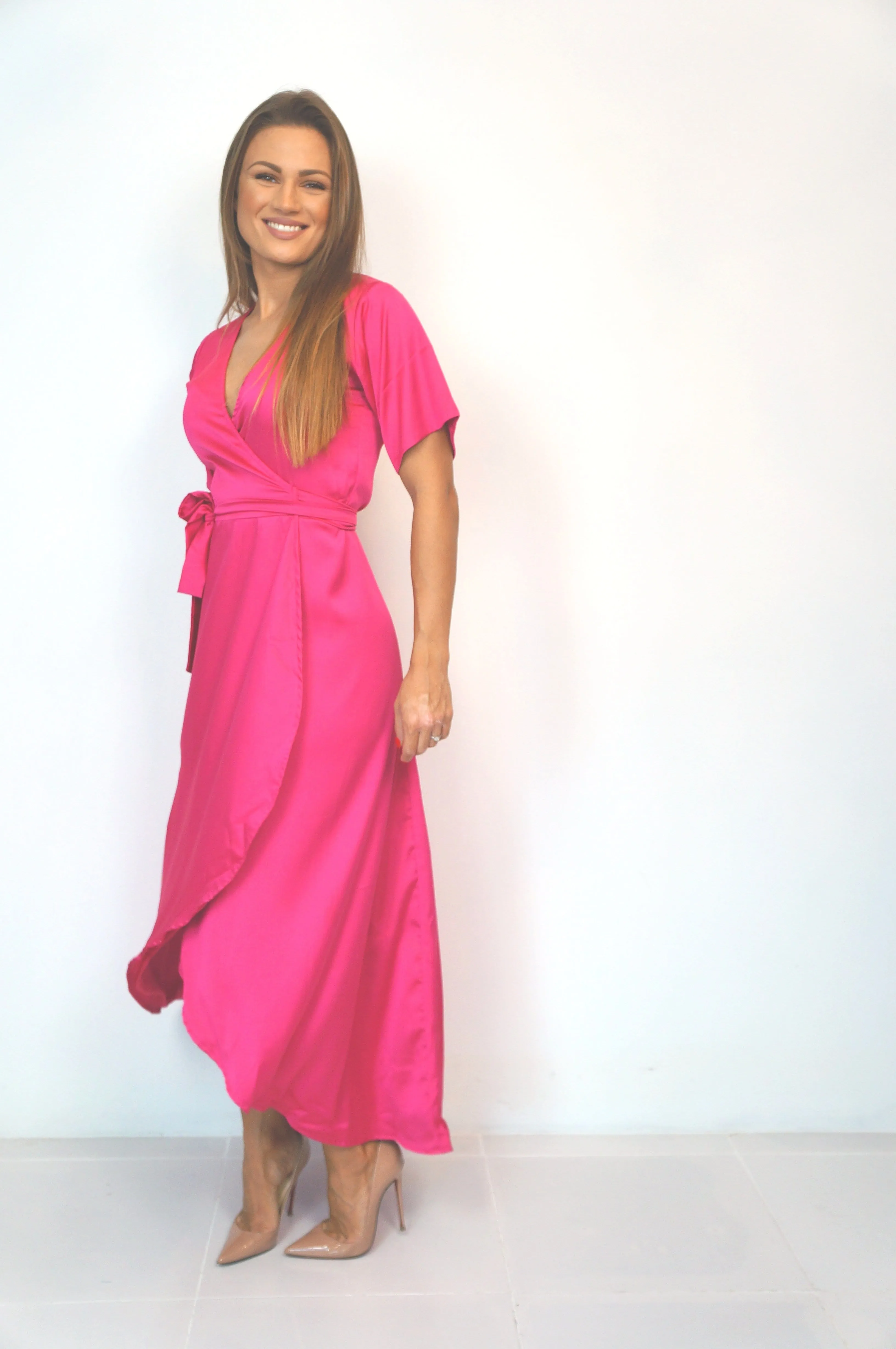 The Maxi Wrap Dress - Hot Pink Satin
