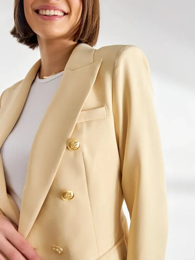 Timeless Fitted Blazer Jacket with Gold Double-Breasted Buttons  Beige