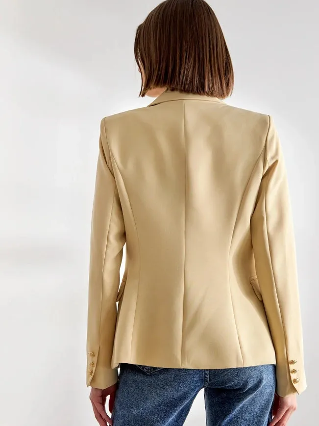 Timeless Fitted Blazer Jacket with Gold Double-Breasted Buttons  Beige
