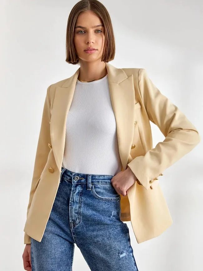 Timeless Fitted Blazer Jacket with Gold Double-Breasted Buttons  Beige