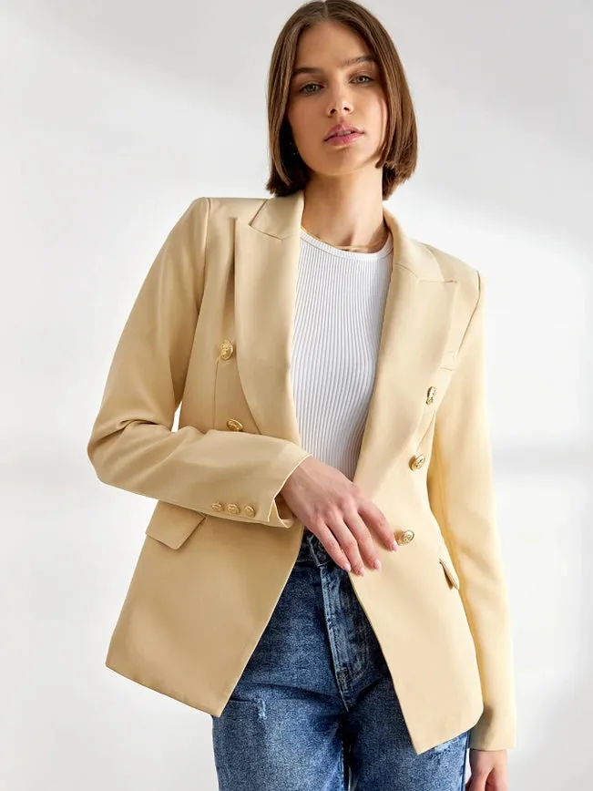 Timeless Fitted Blazer Jacket with Gold Double-Breasted Buttons  Beige