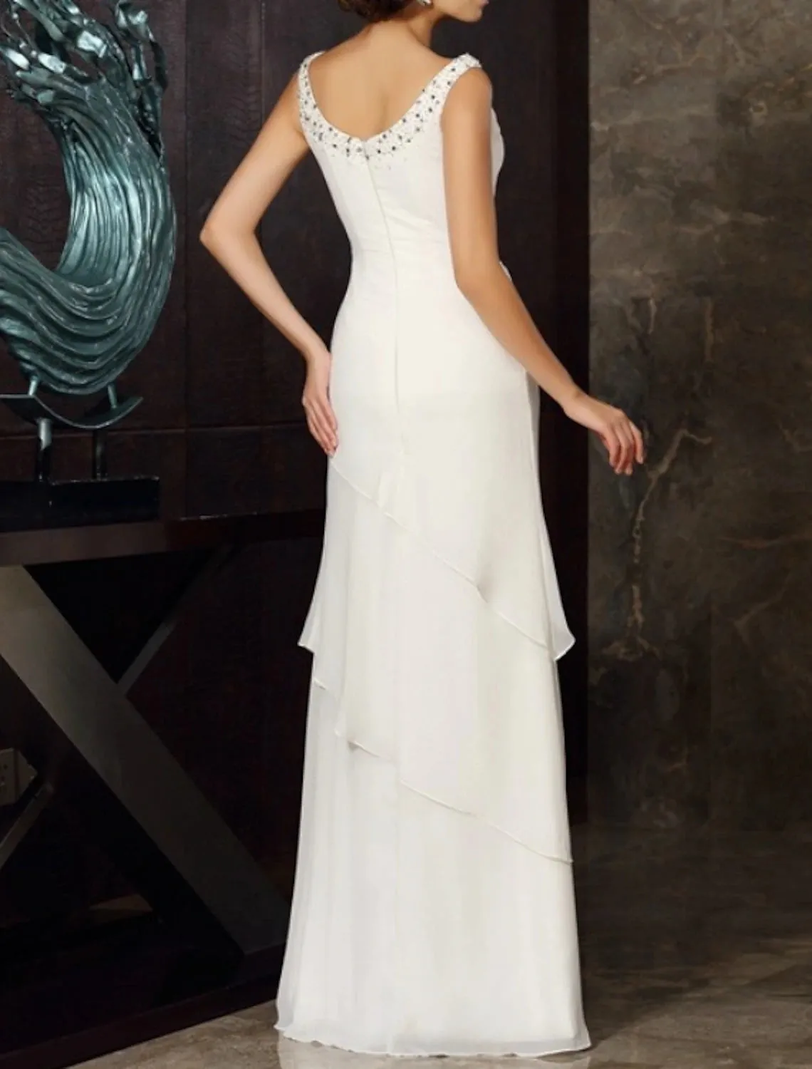 Two Piece Sheath / Column Mother of the Bride Dress Wedding Guest Plus Size Elegant Jewel Neck Floor Length Chiffon Long Sleeve Wrap Included Short Jacket Dresses with Beading Cascading Ruffles