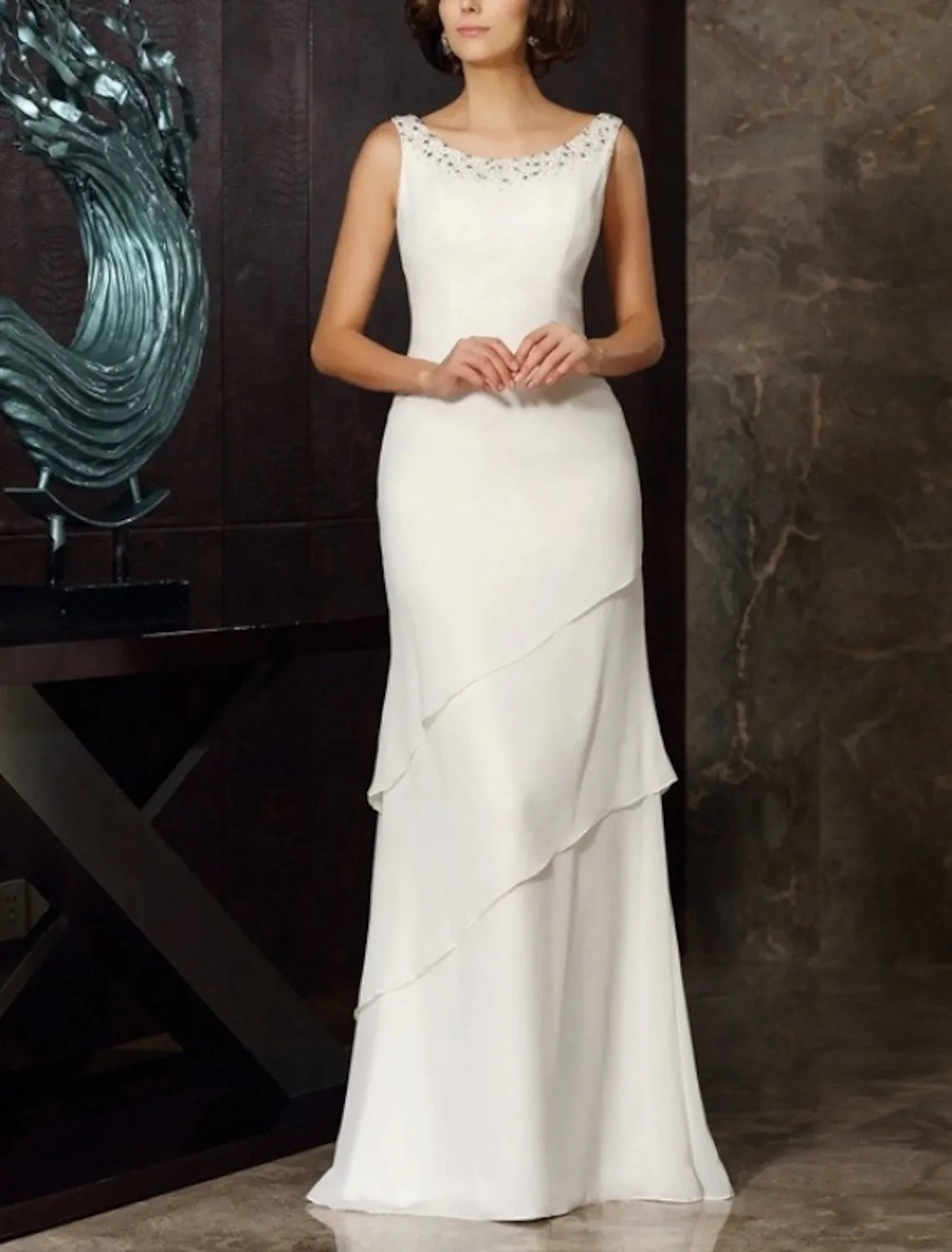Two Piece Sheath / Column Mother of the Bride Dress Wedding Guest Plus Size Elegant Jewel Neck Floor Length Chiffon Long Sleeve Wrap Included Short Jacket Dresses with Beading Cascading Ruffles