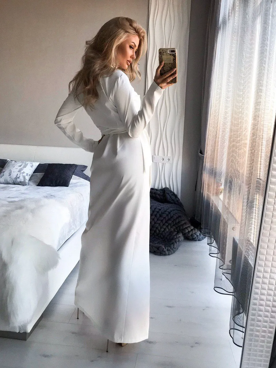 White Wrap Long Sleeve Maxi Dress